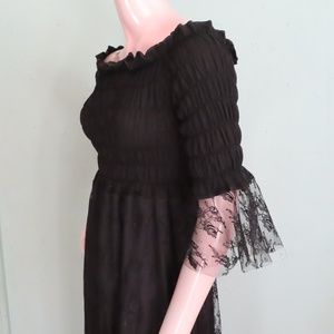 Goth Black Lace Dress Shirred Bodice Tattered Hem